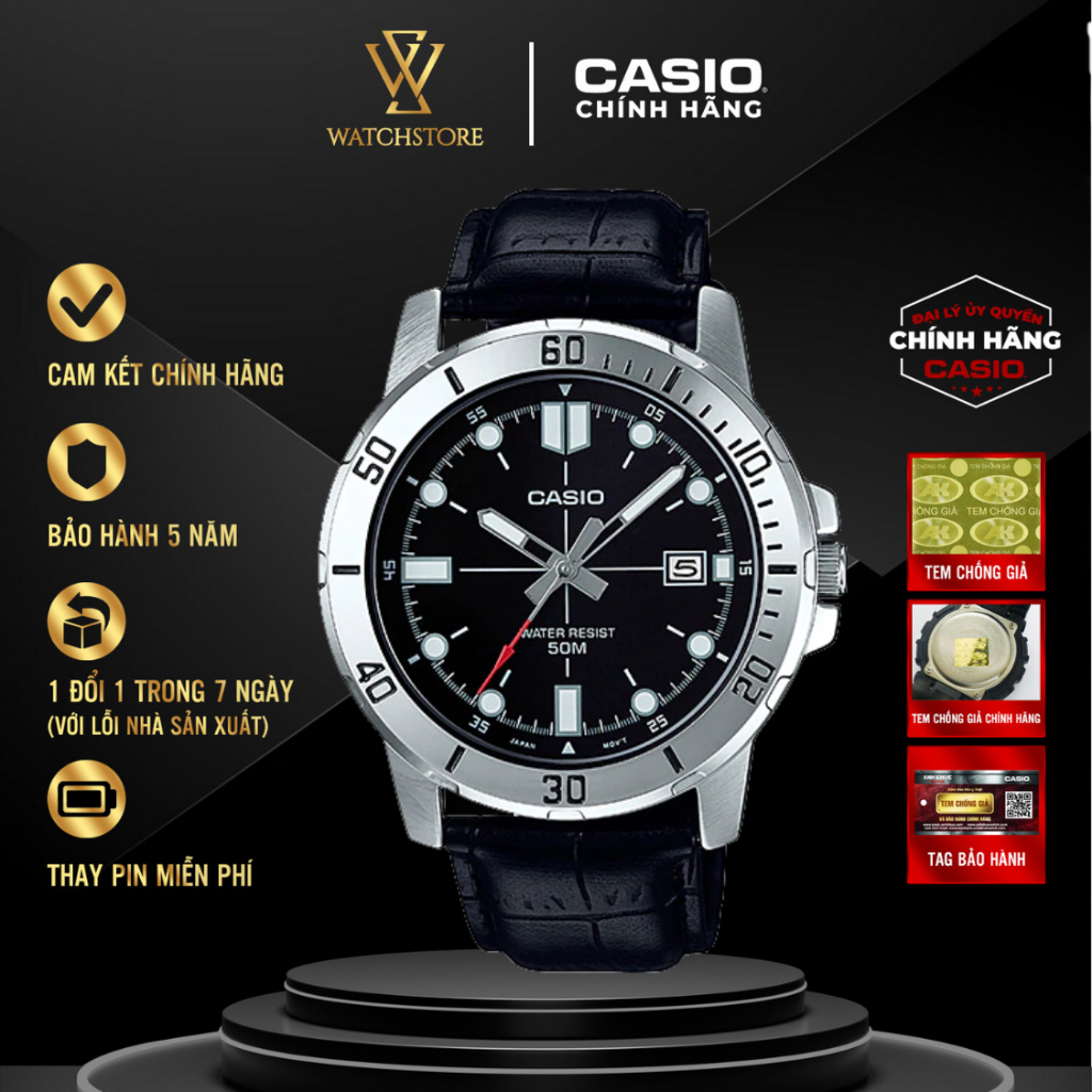 Đồng Hồ Nam Casio MTP VD01L 1EVUDF Dạ Quang Mặt Kính Khoáng Màu Đen