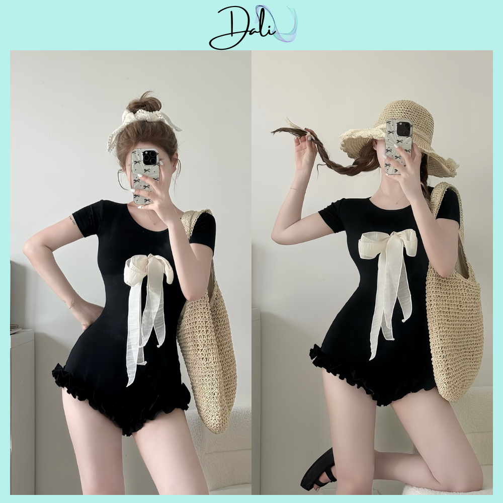 Set Bikini Liền Thân Cộc Tay Phối Viền Bèo Nơ Nguc Dáng Ôm Body Chất