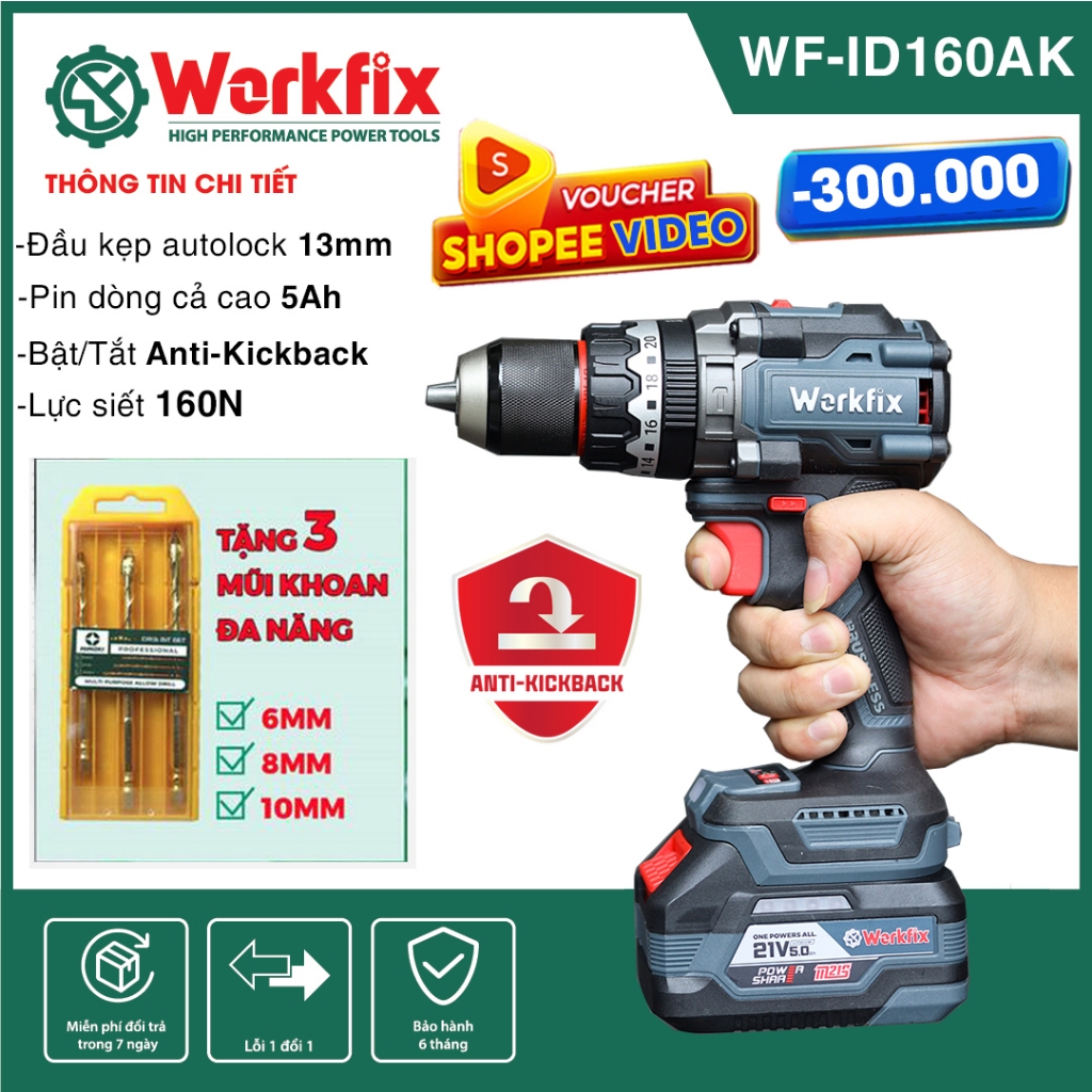 ANTI KICKBACK Máy khoan pin 13mm Workfix WF ID160AK lực siết 160Nm