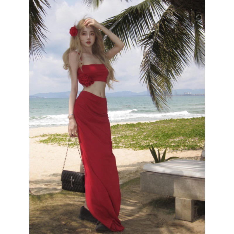 SET MÓN SET BIKINI ĐỎ KÈM CHÂN VÁY MIDI Kèm hoa rời Shopee Việt Nam