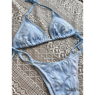 𝐚𝐥𝐥𝐮𝐰𝐚𝐧𝐭 set bikini đồ bơi đi biển vải thô dập hoa xanh babyblue