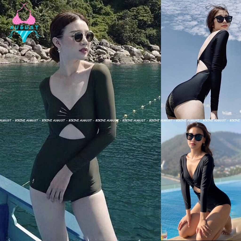 Đồ bơi nữ bikini liền thân dài tay khoét lưng chống nắng che khyết điểm