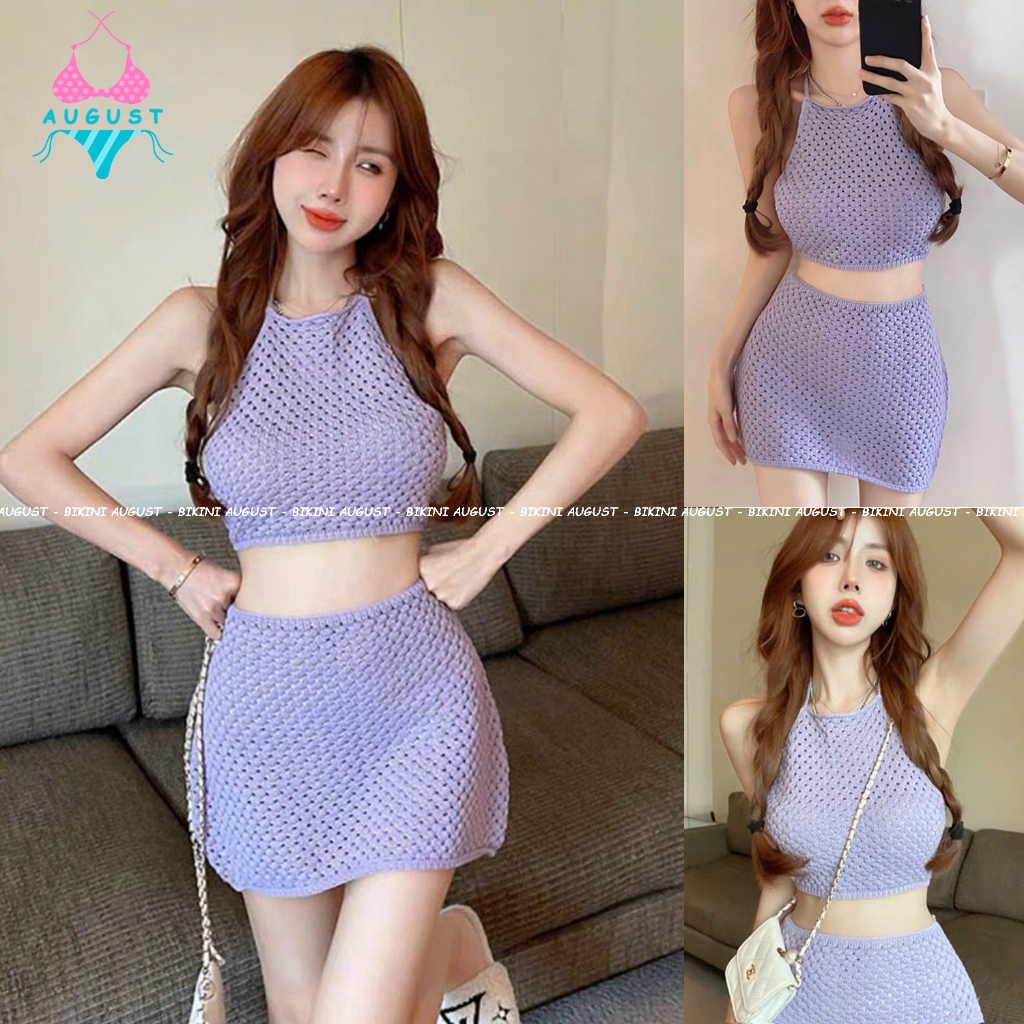 Đồ bơi nữ bikini hai mảnh len móc tím quảng châu cao cấp ren móc tím áo