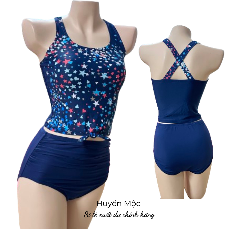 Bikini đi biển đồ bơi nữ mảnh áo dài kín đáo màu xanh navy quần lưng