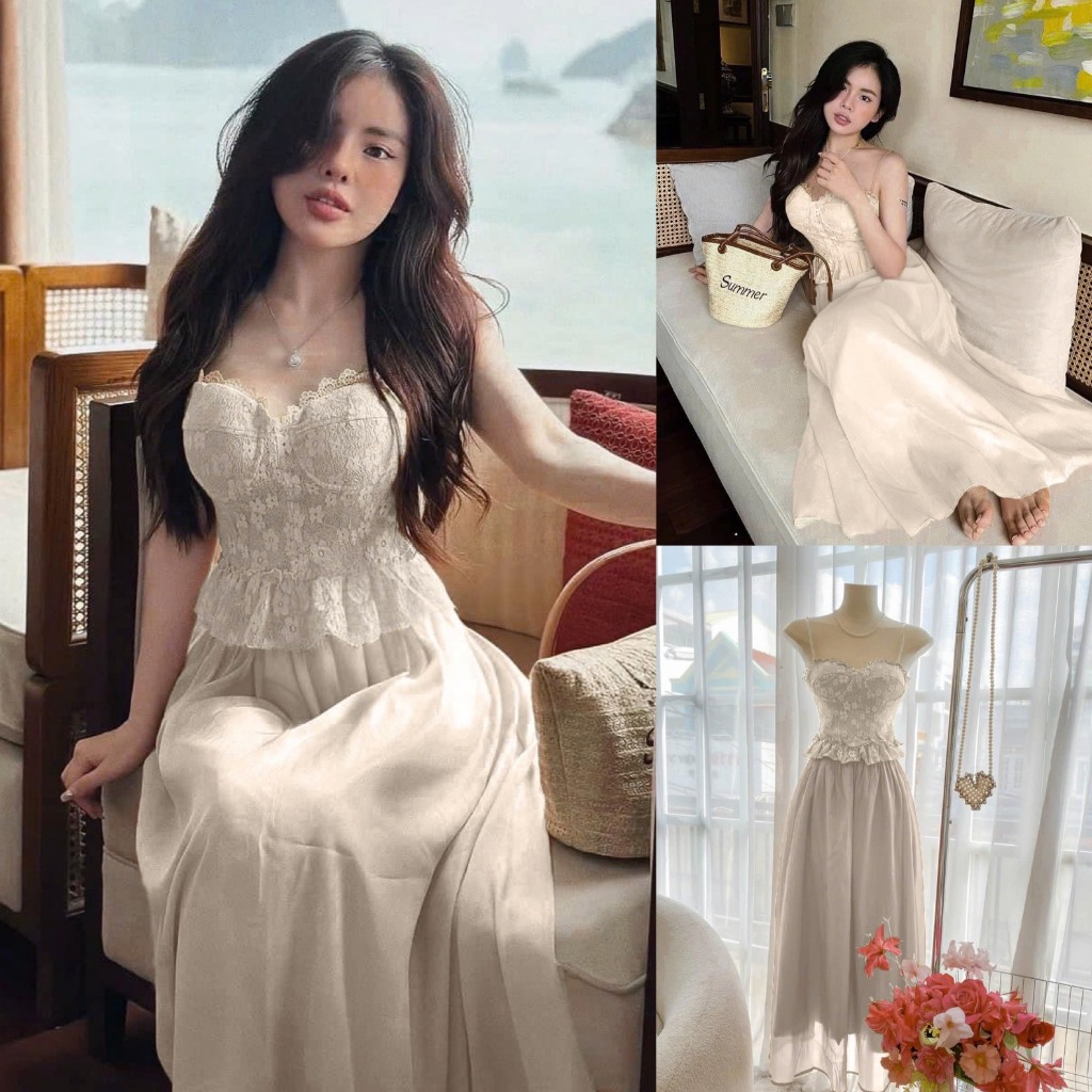 Set đồ nữ áo ren hoa 2 dây mix chân váy len ren tone màu nude nhẹ nhàng