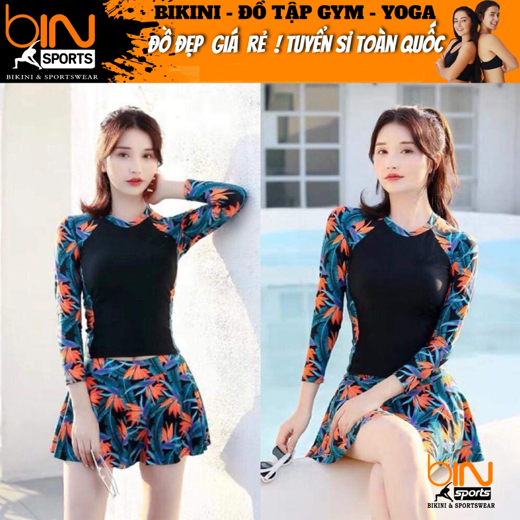 Bikini Đồ Bơi Nữ Mảnh Quần Đùi Váy Aó Dài Tay Phủ Bụng Kín Đáo Bin