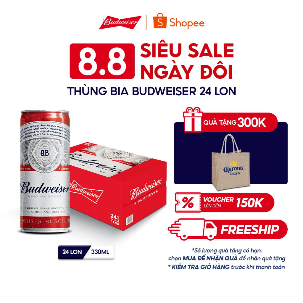 FREESHIP Thùng 24 Lon Bia Budweiser Chính Hãng 330ml lon Date 01