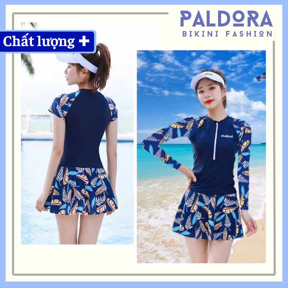Đồ bơi nữ bikini 2 mảnh đi biển dạng váy xòe in hoa áo khóa kéo kín đáo