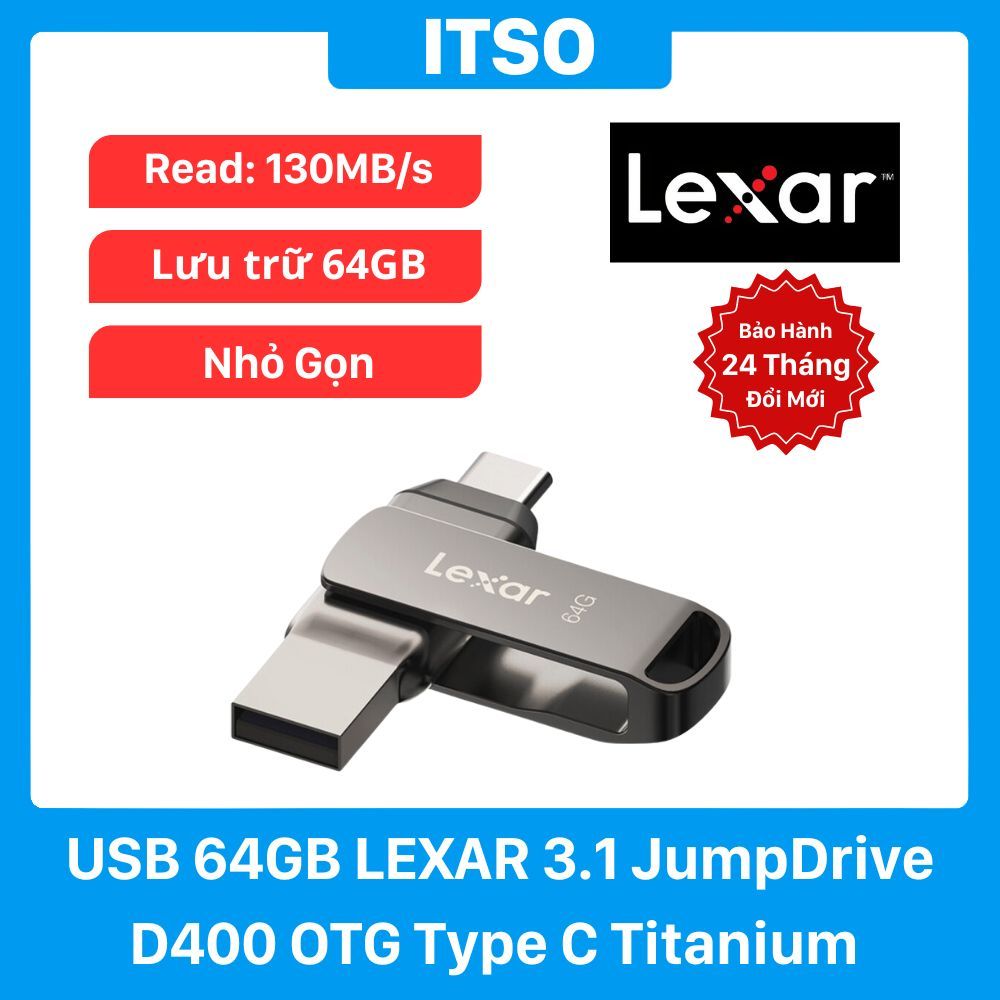 USB 64GB Lexar 3 1 JumpDrive Dual Drive D400 Titanium chính hãng