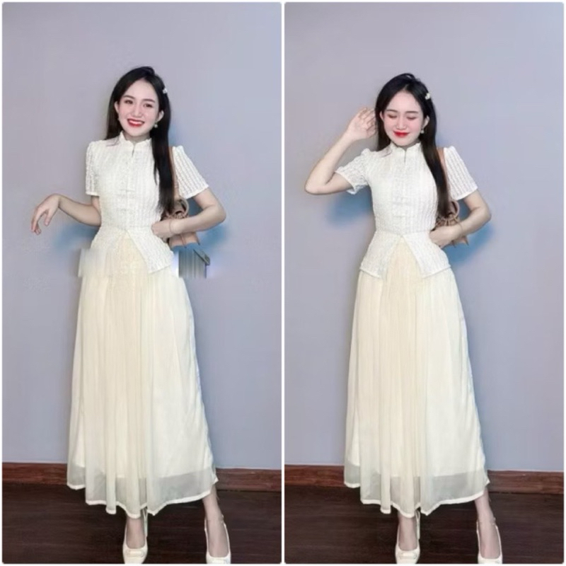 LD Set áo gân cổ tàu tay ngắn kem kèm chân váy voan maxi nude Shopee