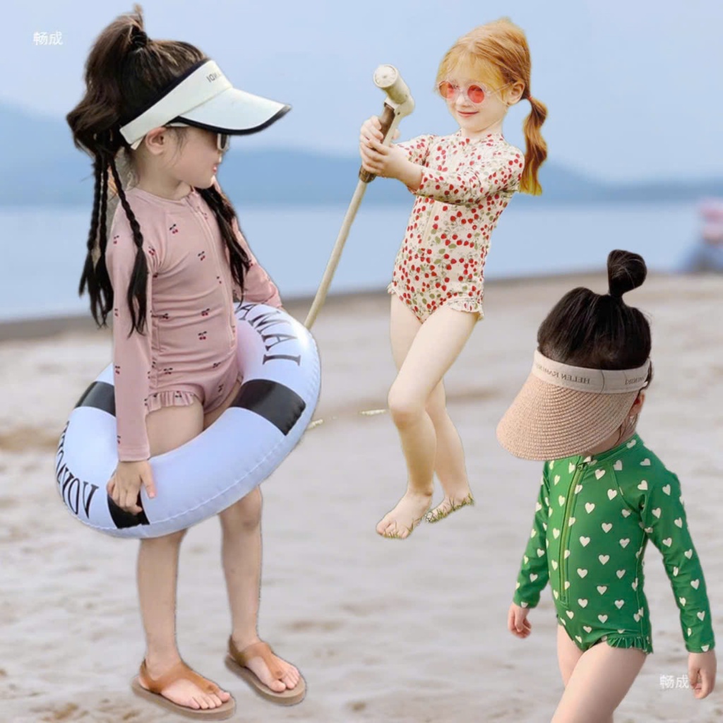 Bộ Bơi Dài Tay Liền Thân Chống Nắng Bé Gái Bikini 1 Mảnh Viền Bèo Kéo