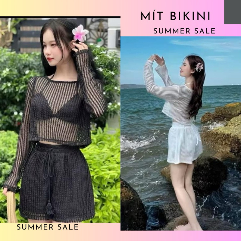 bikini đồ bơi mảnh ren len dài tay áo bra sẵn mút quần đùi Shopee