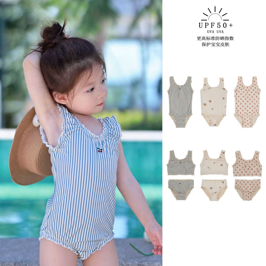 Đồ Bơi Liên Thân Không Tay Viền Chun Bé Gái Bikini Một Mảnh Kẻ Sọc