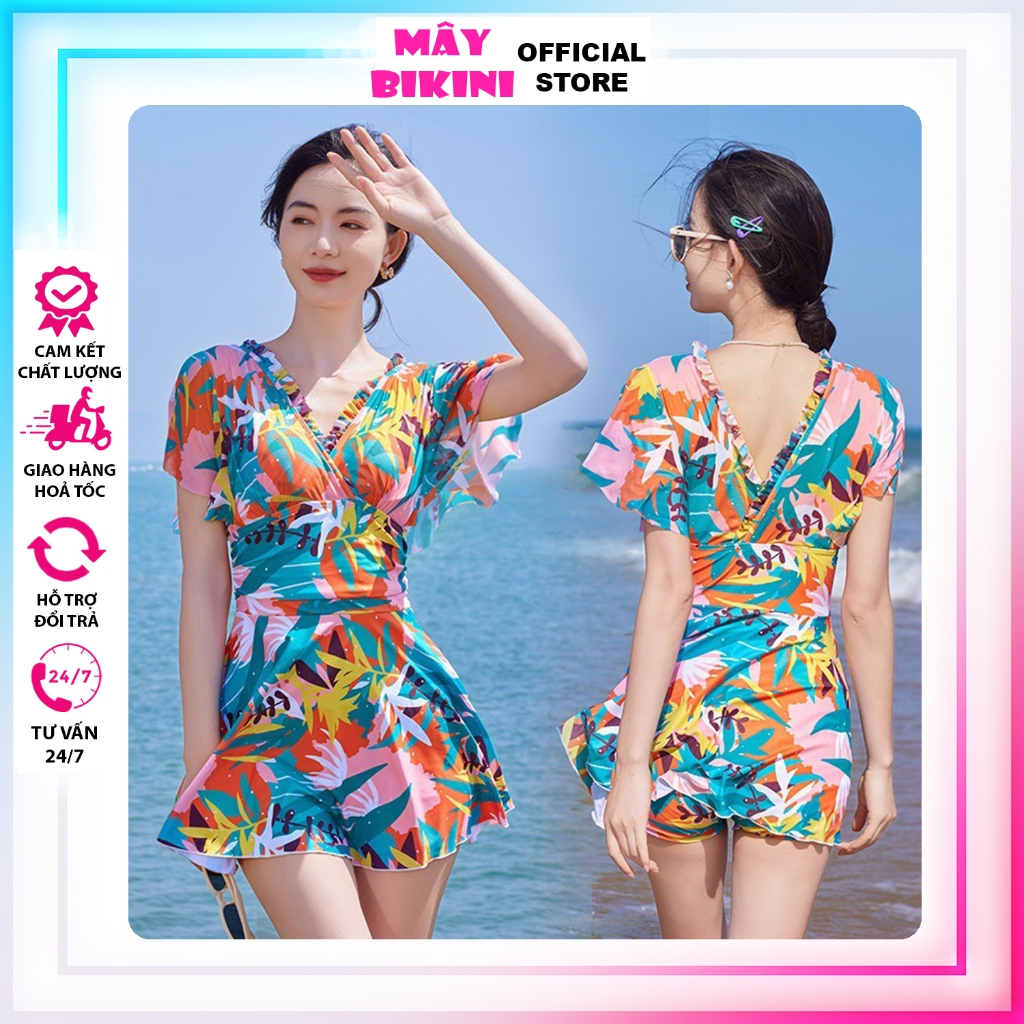Đồ bơi áo tắm bikini đi biển nữ một mảnh áo cổ V cánh dơi lót quần đùi