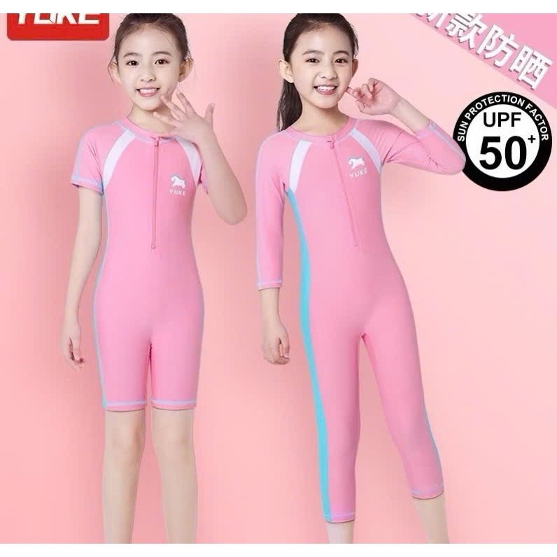 Đồ bơi liền thân cho bé gái màu hồng tay lửng bikini cho bé gái liền