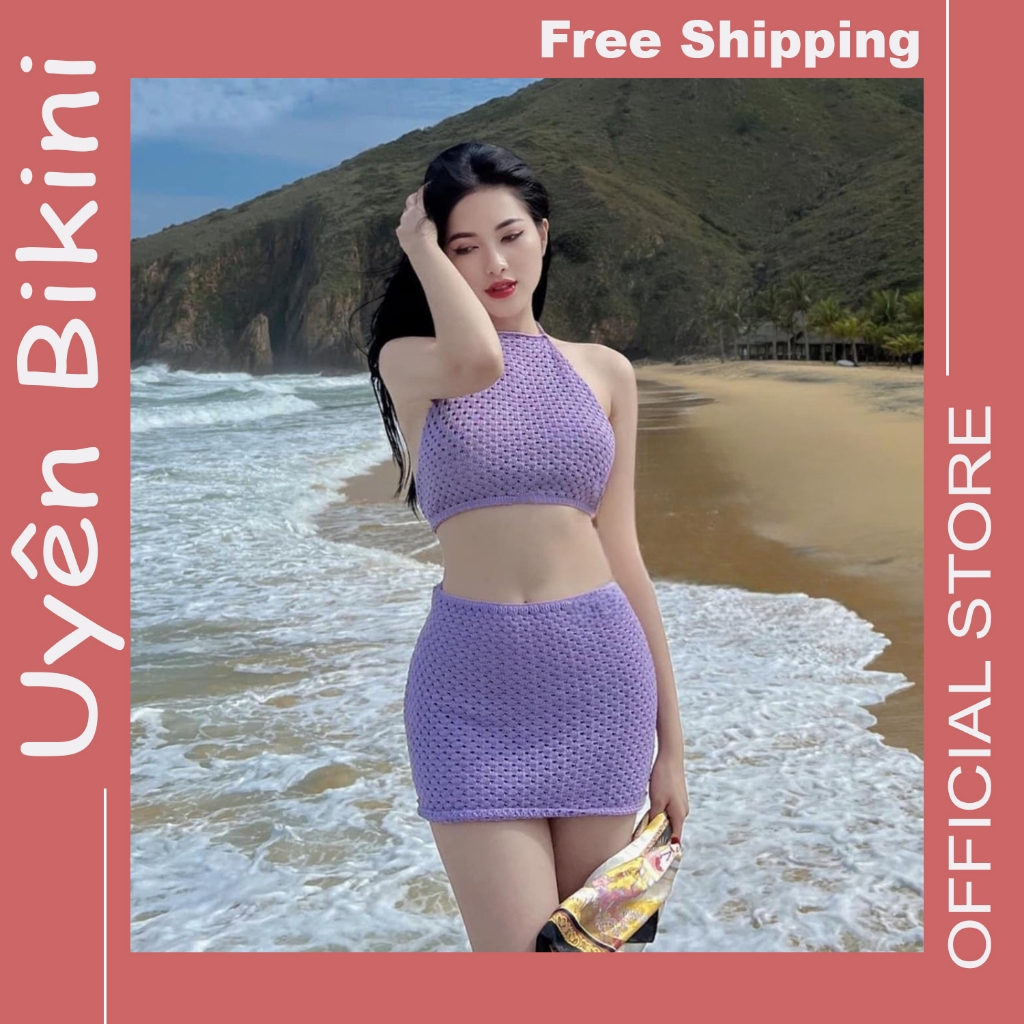 Đồ bơi nữ bikini hai mảnh len móc tím quảng châu cao cấp áo yếm sẵn mút