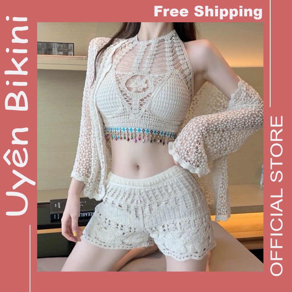 Đồ bơi nữ bikini 3 món ren móc len sợi quảng châu bra cổ yếm áo khoác