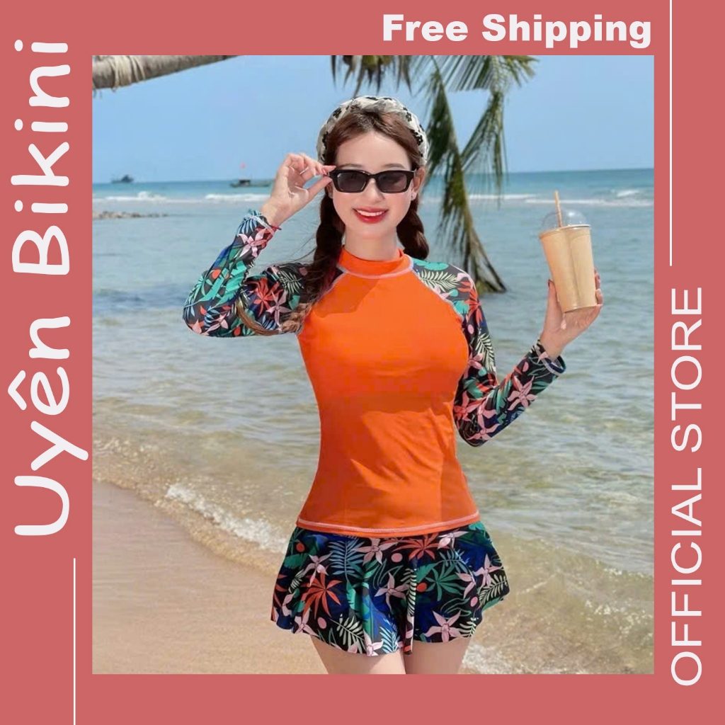 Đồ bơi áo tắm bikini set món áo dài tay cam chân váy hoa lá trẻ trung