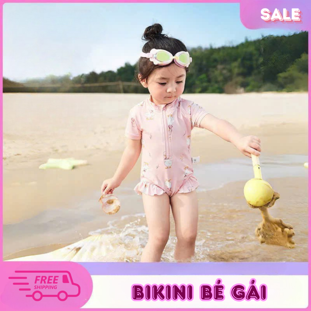 Đồ bơi bé gái Bikini bé gái một mảnh cao cấp cộc tay hoạ tiết vịt dễ