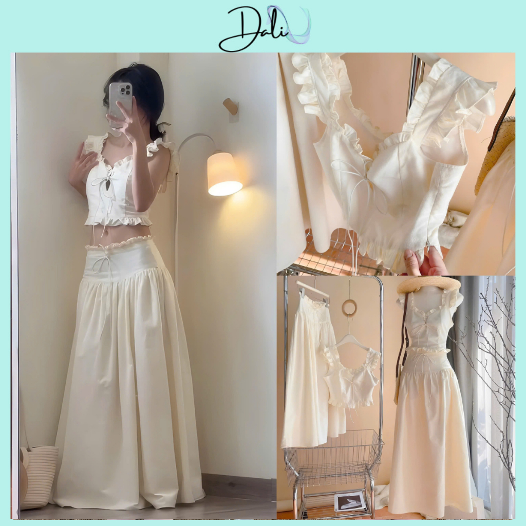 Set Áo Croptop Dây Nude Phối Viền Bèo Cột Nơ Nguc Chân Váy Midi