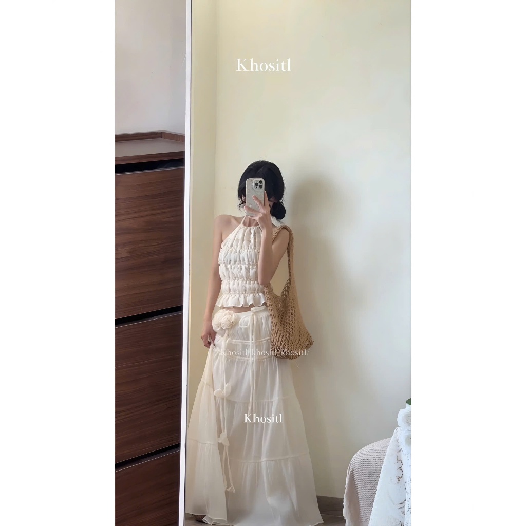 Khositl set áo voan nude cổ yếm nhún bèo chân váy midi đính bông