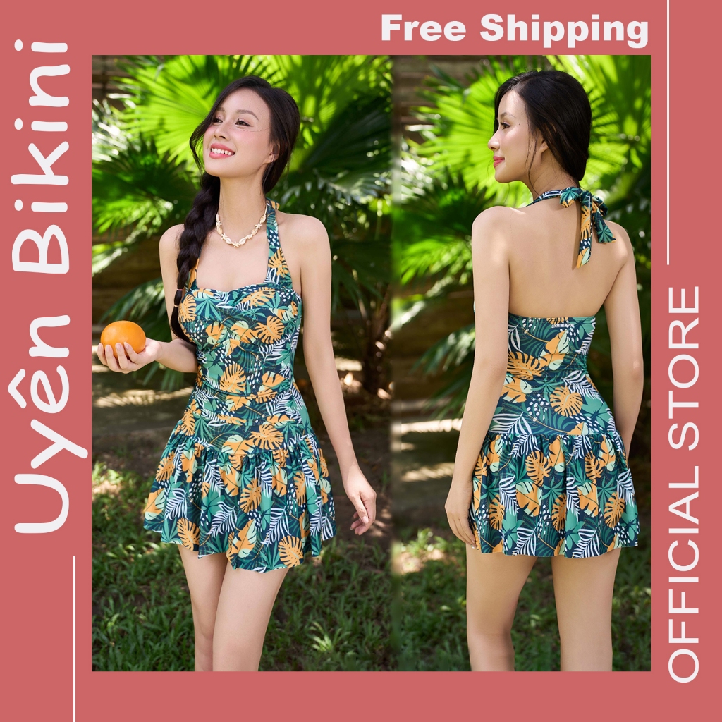 Đồ bơi áo tắm bikini liền váy lá buộc cổ hoạ tiết lá tươi mát năng động