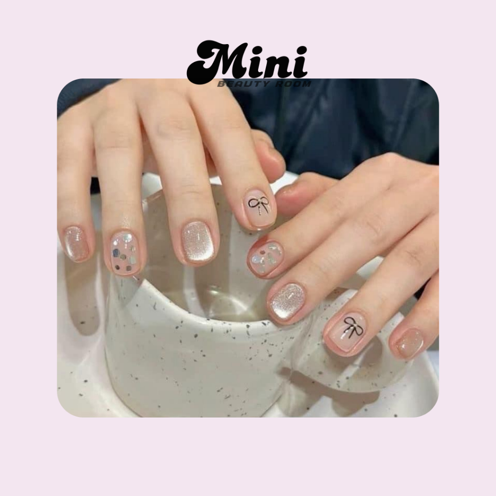 HOẢ TỐC NAILBOX THIẾT KẾ MẪU MẮT MÈO NUDE GẮN NƠ ĐEN M Shopee