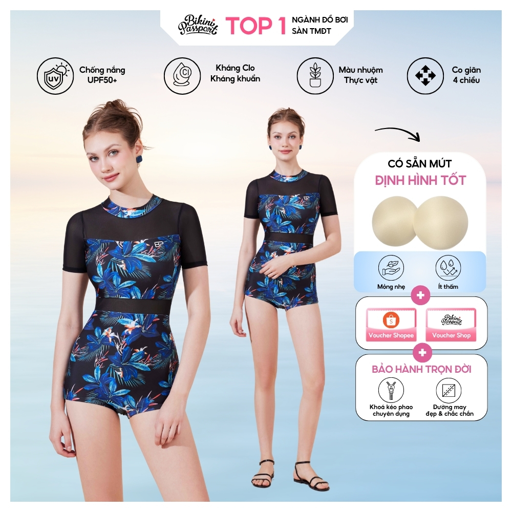 Đồ bơi bikini Nữ một mảnh kín đáo bigsize kiểu phối lưới tay ngắn