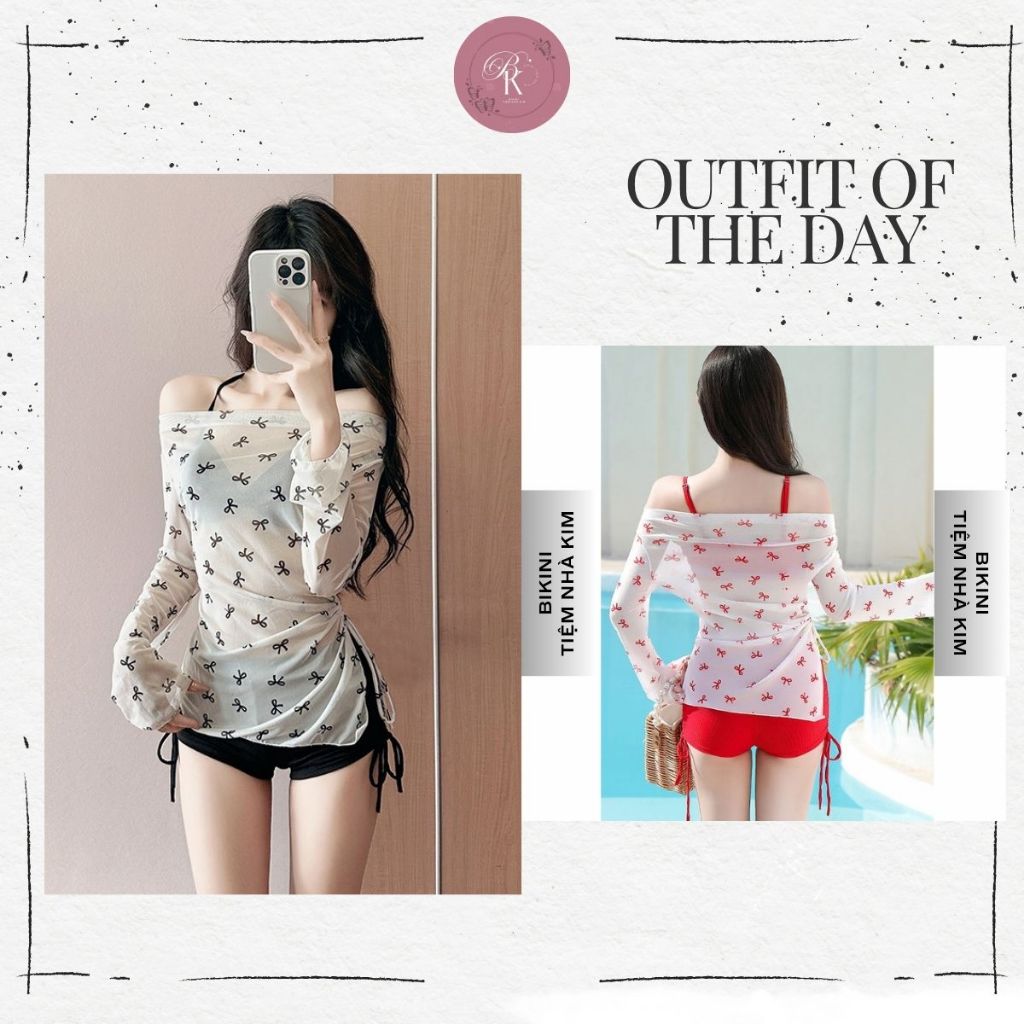 Set đồ bơi nữ họa tiết Tuvada nơ xinh xắn bikini mảnh kèm áo choàng