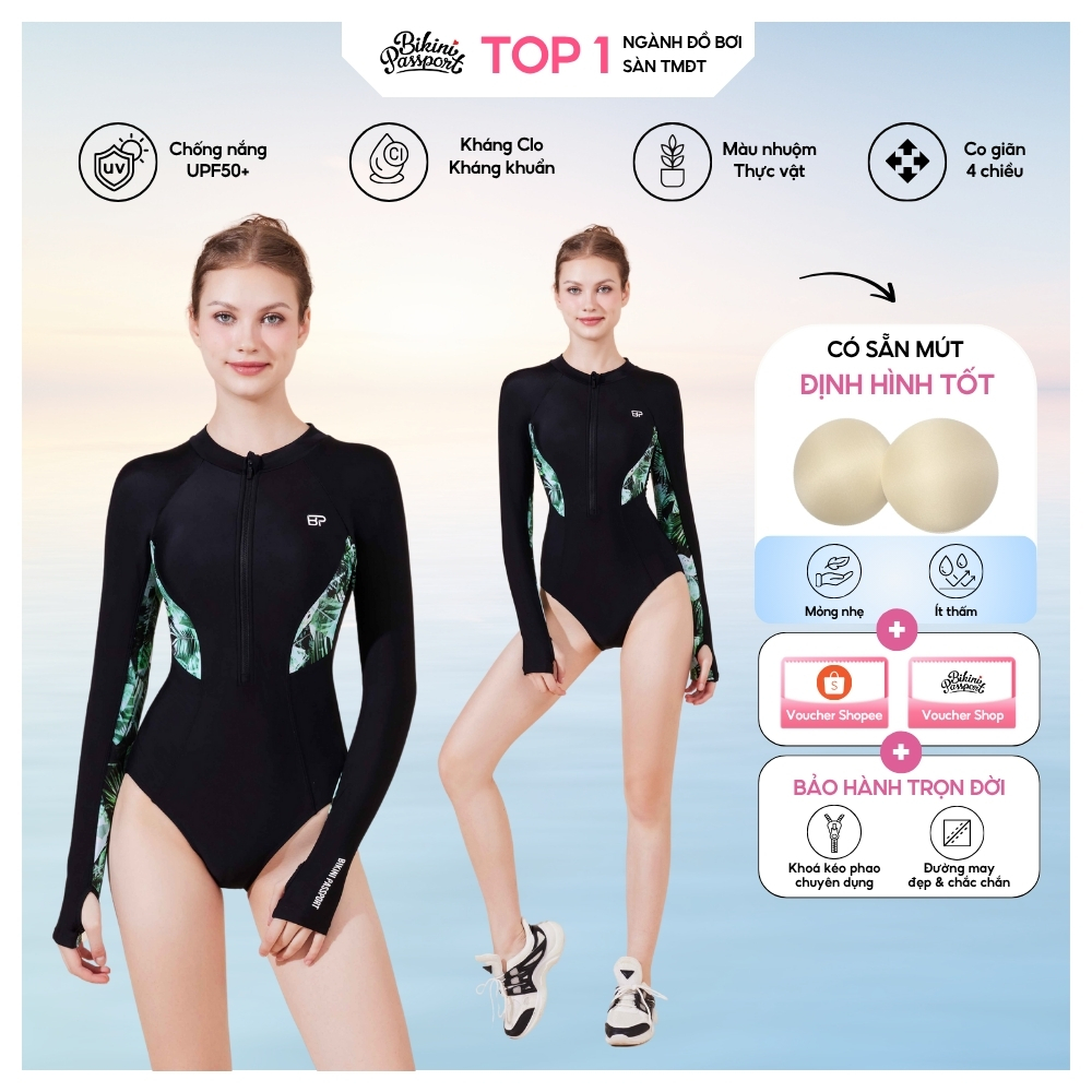 Bộ đồ bơi Nữ BIKINI PASSPORT kiểu Một mảnh liền thân dài tay Đen