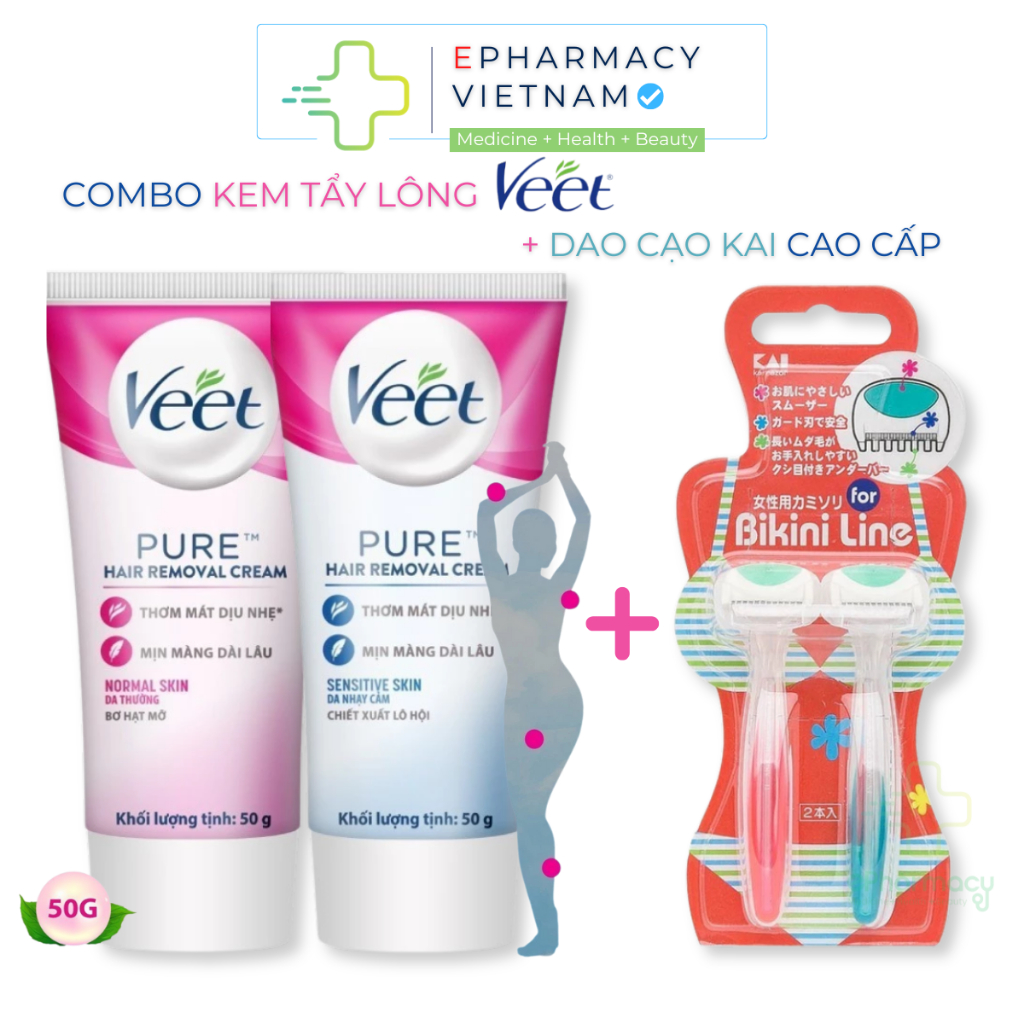 COMBO Kem Tẩy Lông VEET Pure 50g Dao Cạo KAI Vùng Bikini Cao Cấp