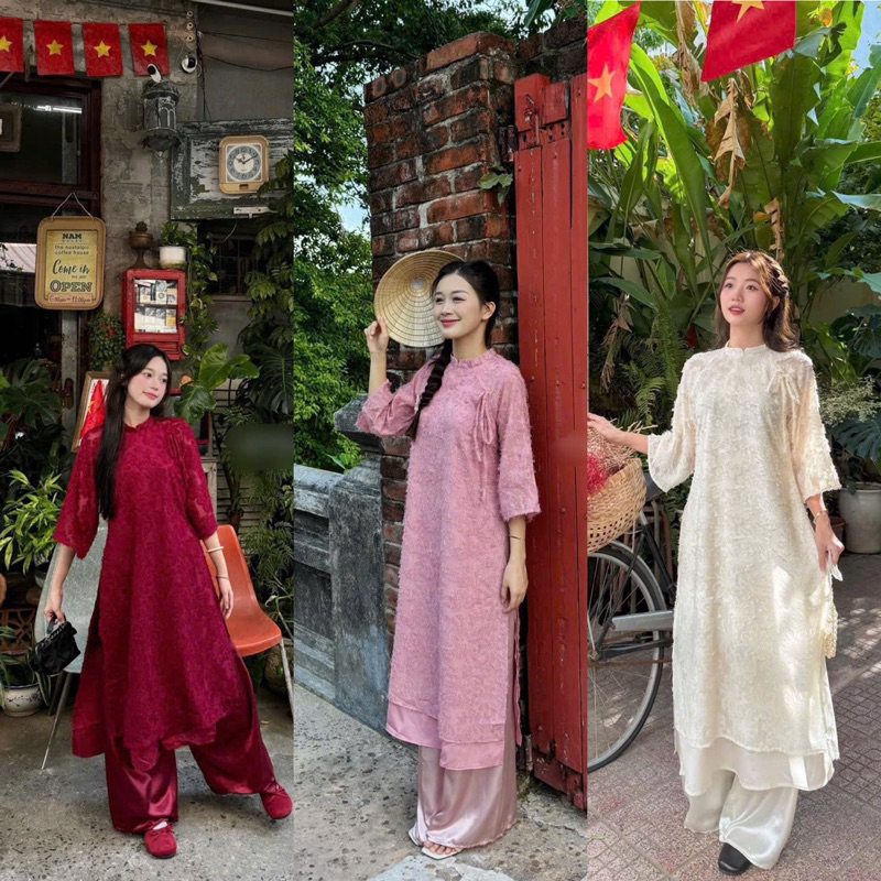 SET ÁO DÀI NUDE CỘT NƠ QUẦN SUÔNG Shopee Việt Nam