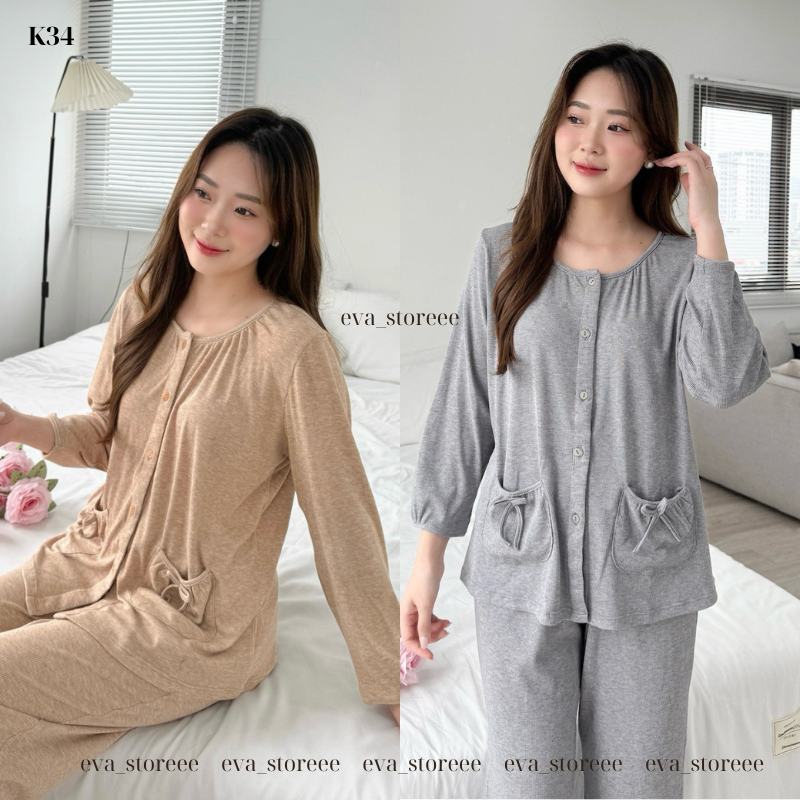 Bộ đồ ngủ Pijama mặc nhà K29 Cổ tròn tay dài quần dài chất liệu tăm