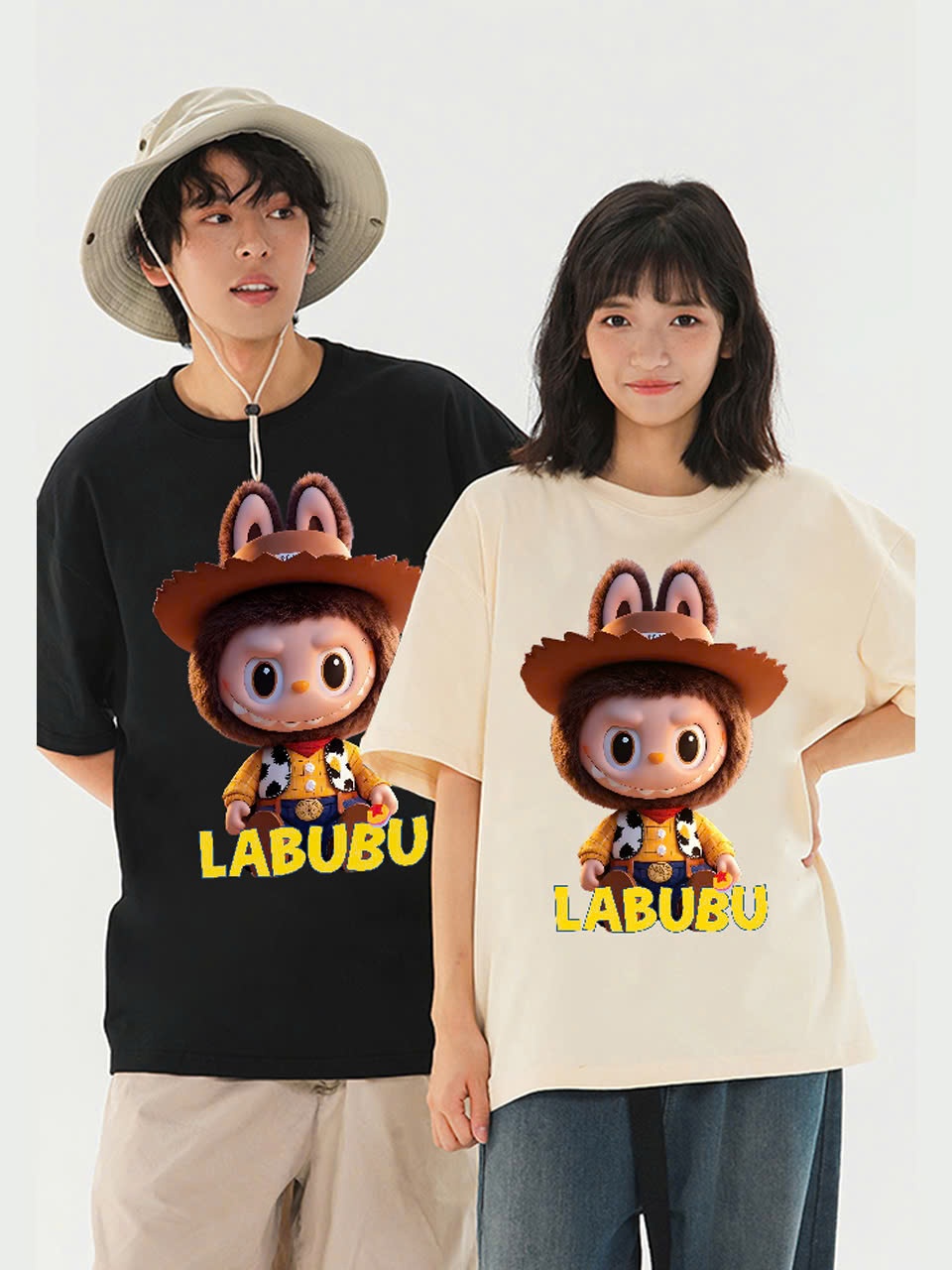 Áo thun unisex tay lỡ in hình Labubu thỏ răng nanh đội nón the monsters