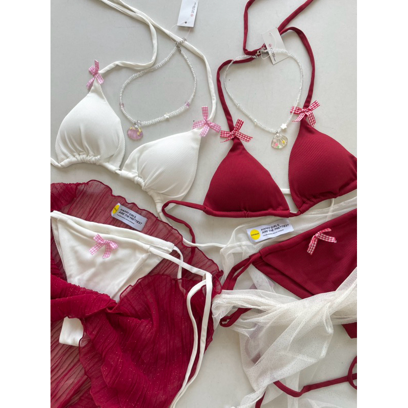 bikini 2 mảnh tam giác kiểu dáng cơ bản sexy phối nơ Cherry link chỉ