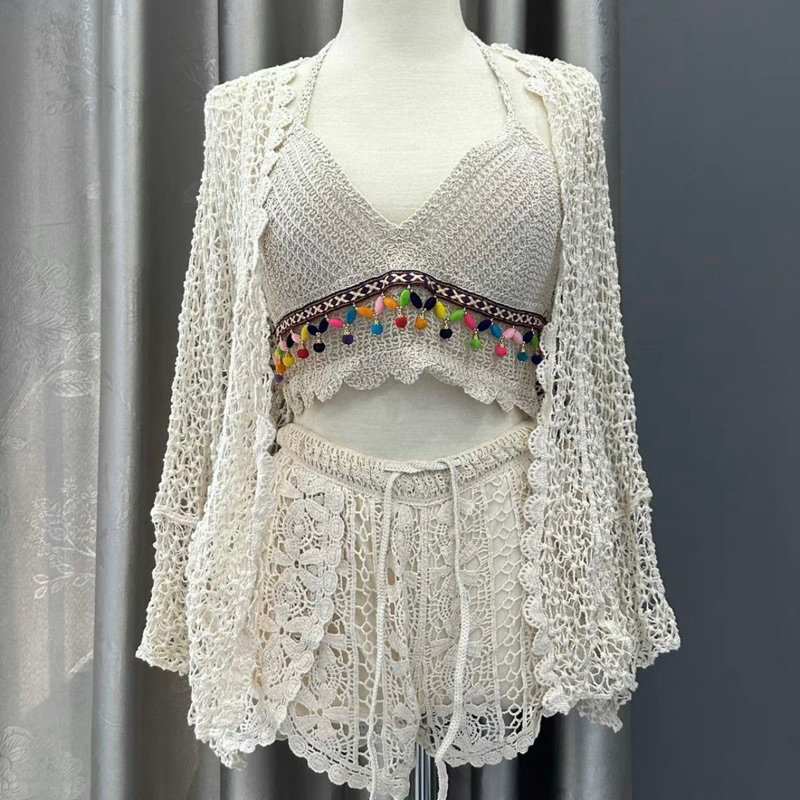 HH03 Sét Bikini ren sợi móc hàng nhập Qc đi biển 3 món có bán tách