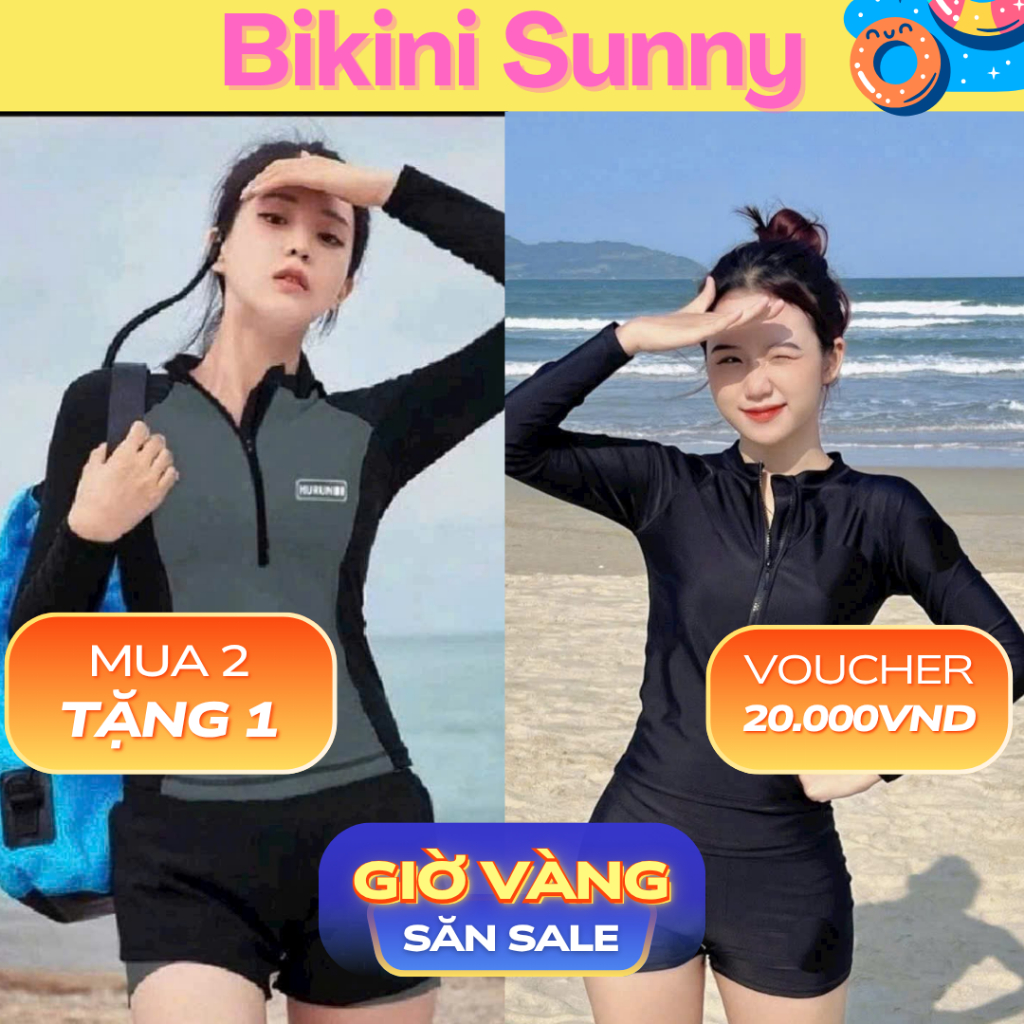 Bikini đồ bơi mảnh tay dài có khoá kéo quần đùi lớp kín đáo phong
