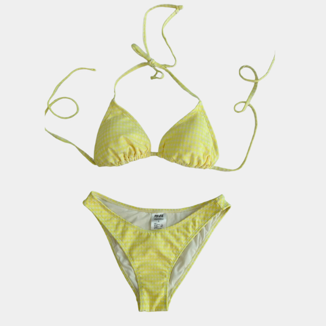 Set bikini 2 mảnh đồ bơi nữ đi biển dáng tam giác màu vàng kẻ caro