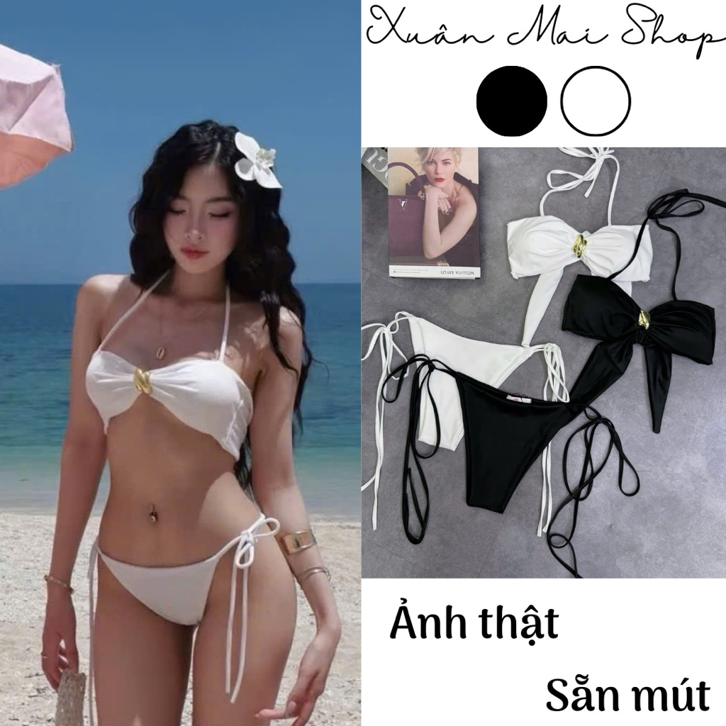 Bikini 2 mảnh sexy sẵn mút bra khoen vàng cổ yếm cột dây đồ bơi bikini