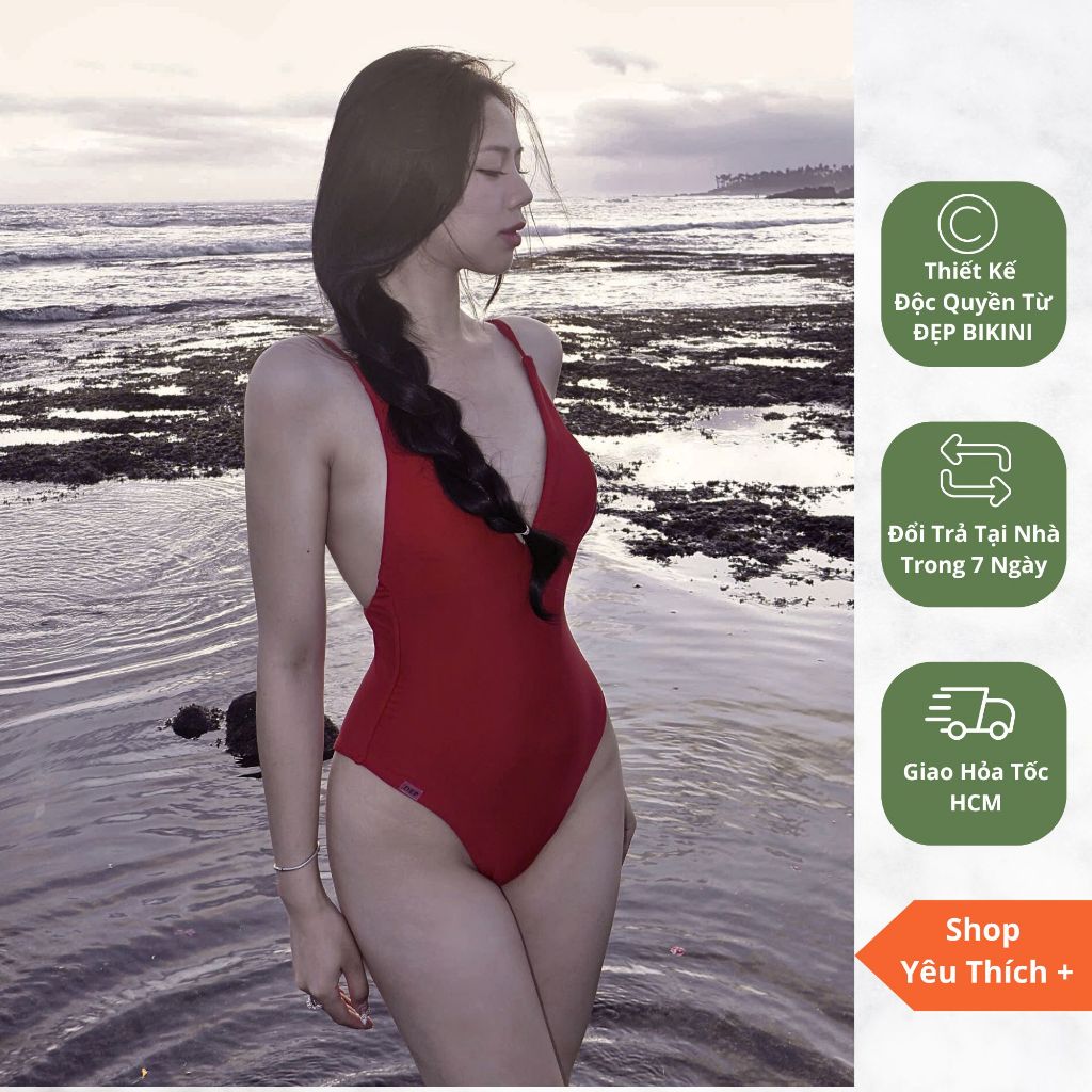 Bikini đi biển một mảnh Hawaii màu đỏ đô hở lưng sexy kiểu bodysuit