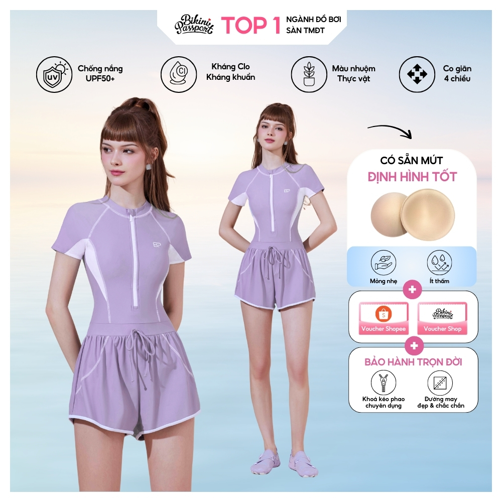 Bộ đồ bơi Nữ BIKINI PASSPORT kiểu Một mảnh short liền thân ngắn tay