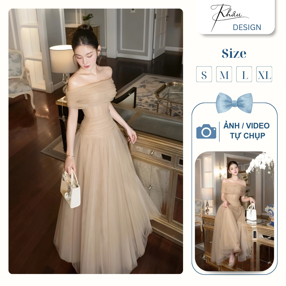 Đầm thiết kế KHÂU Design trễ vai voan lưới nude sang chảnh Shopee