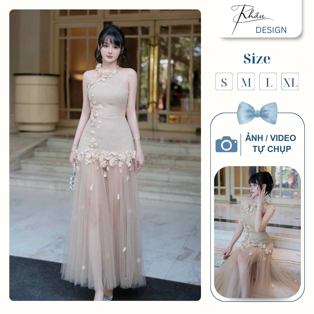 Đầm thiết kế KHÂU Design đính hoa nổi chân ren màu nude K sang trọng