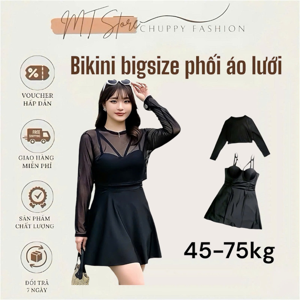 Đồ bơi nữ bigsize tay dài áo lưới kín đáo chân váy 2 lớp Bikini bigsize