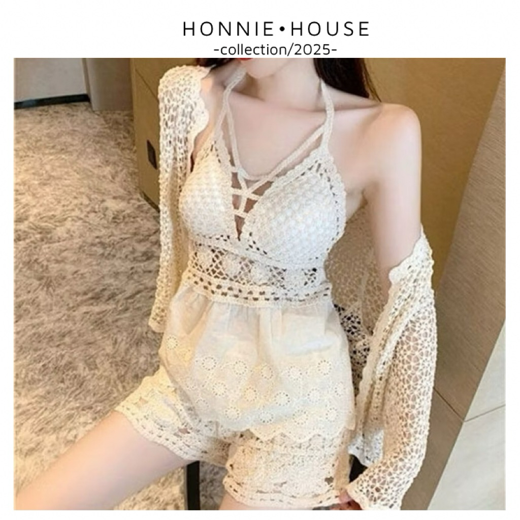 HH Set bikini ren đi biển món m áo bra phối vải boy choàng hạt