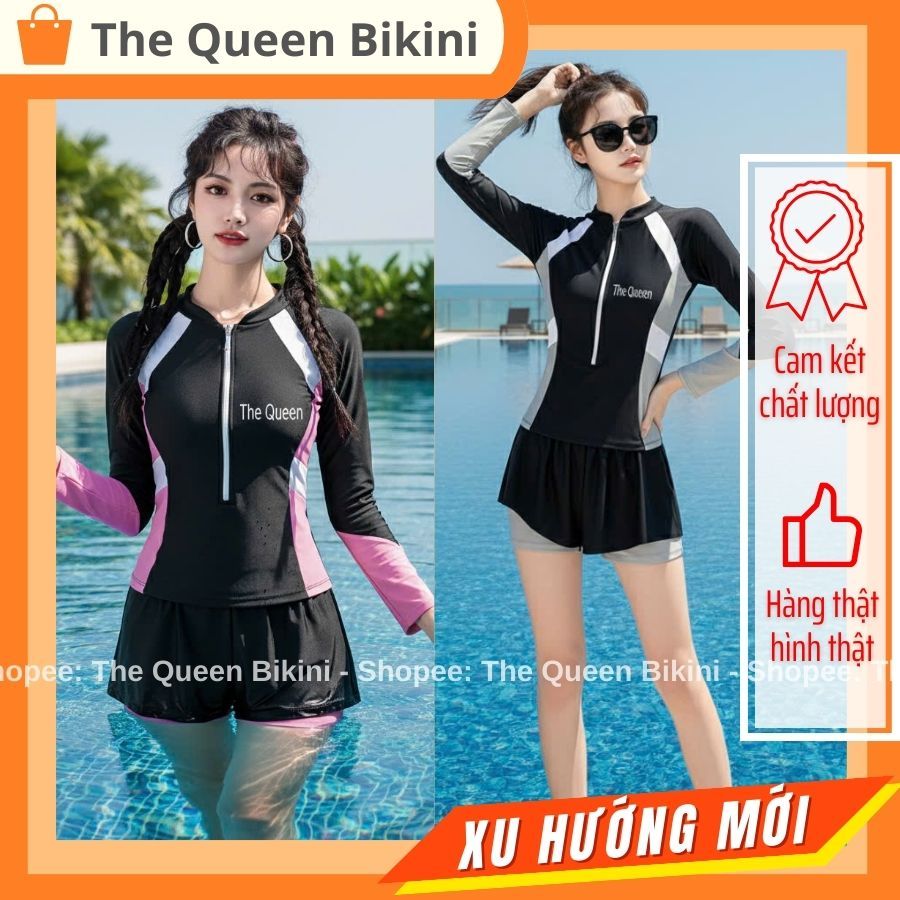 Đồ bơi nữ phối màu bikini đi biển kín đáo kiểu dáng thể thao áo Tay