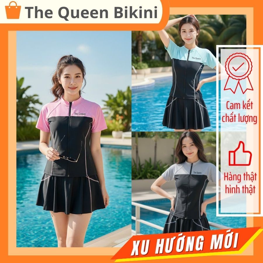 Đồ bơi nữ siêu cool viền chỉ đánh bông bikini váy xòe kín đáo áo tay