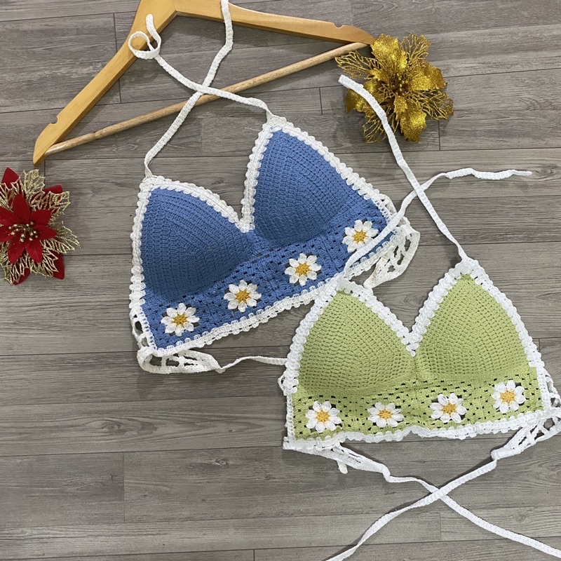 Áo bikini lẻ Áo bra len móc bikini đi biển màu sắc nổi bật thêu hoa