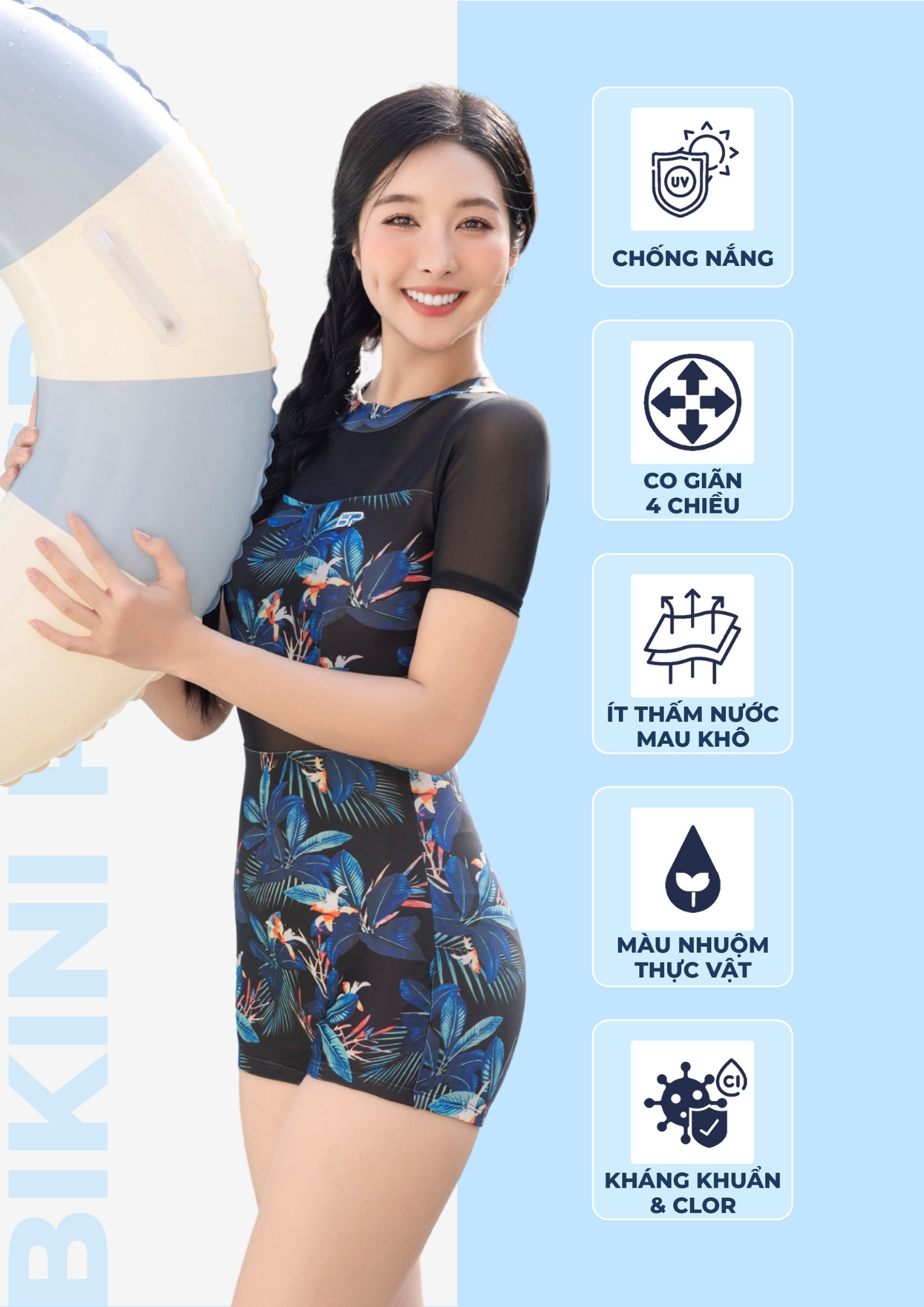Đồ bơi bikini Nữ một mảnh kín đáo bigsize kiểu phối lưới tay ngắn