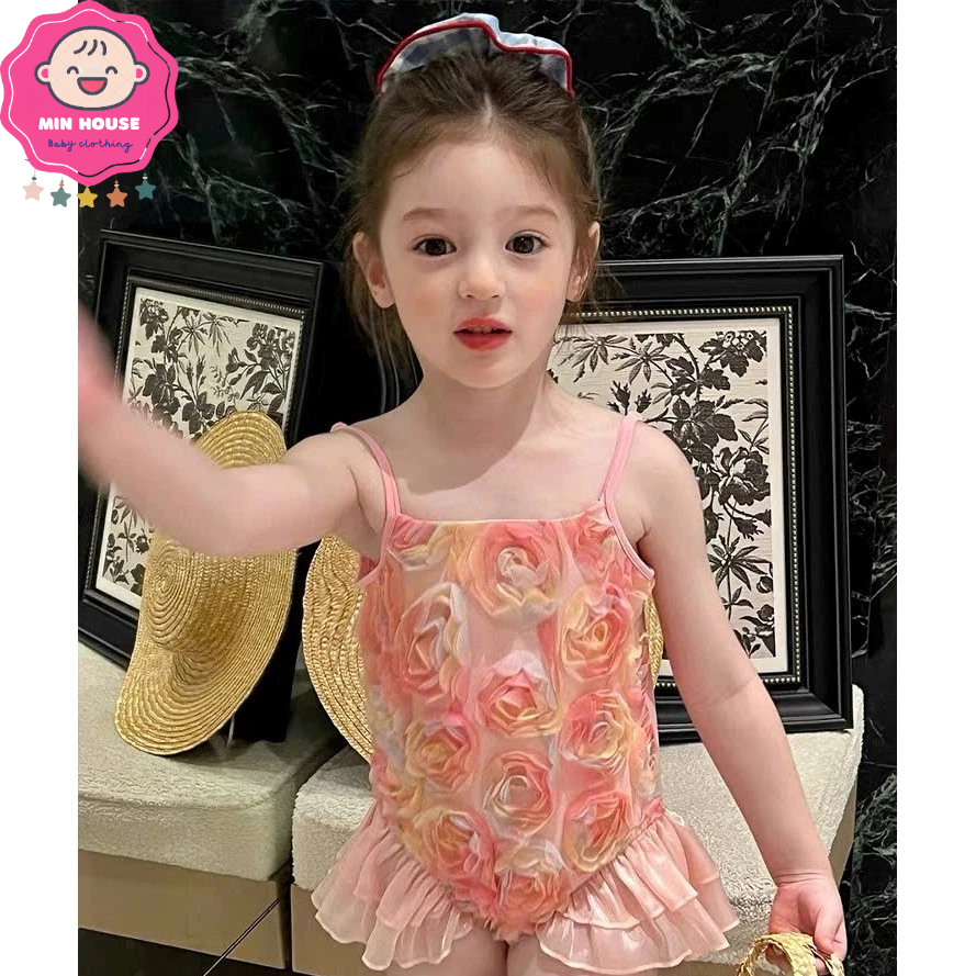 9 20kg dưới 1m1 Đồ bơi bikini liền thân buộc nơ lưng phối hoa nổi